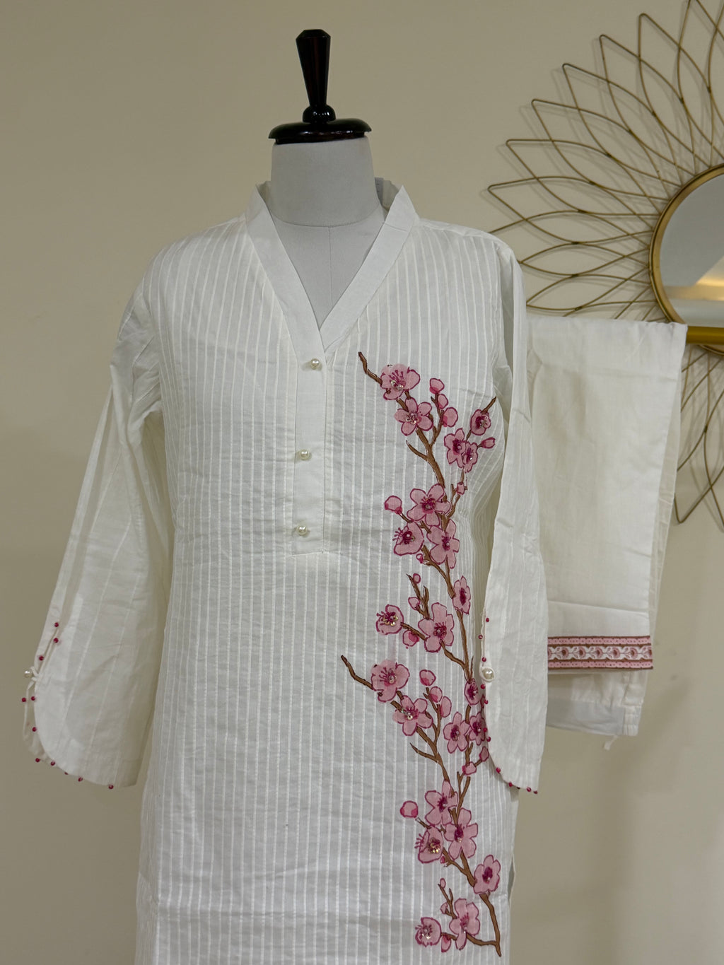White Cherry Blossom Printed Co-ord Set with Embroidery
