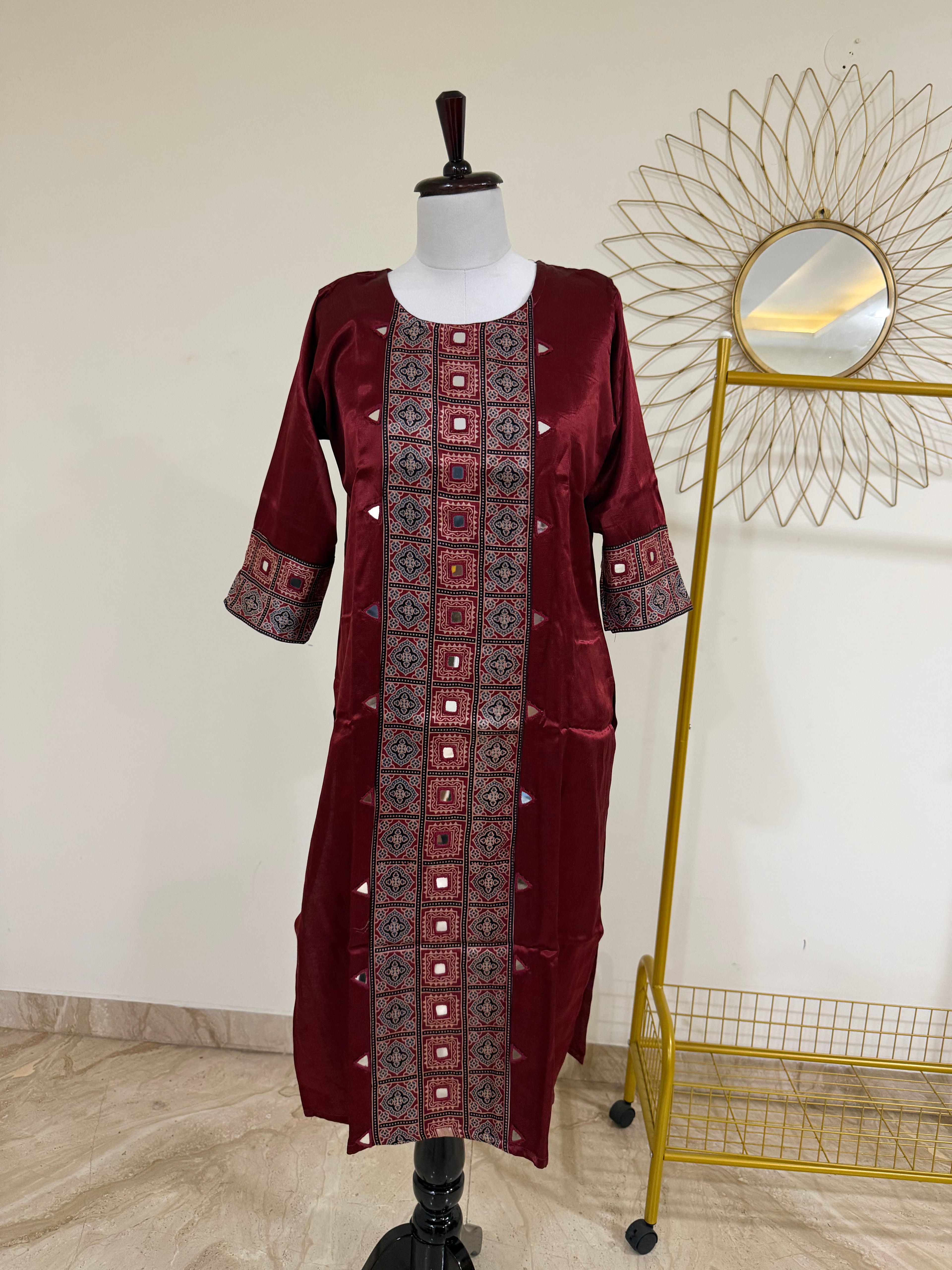 Rust Kurti with Ajrakh Patchwork & Mirror Detail