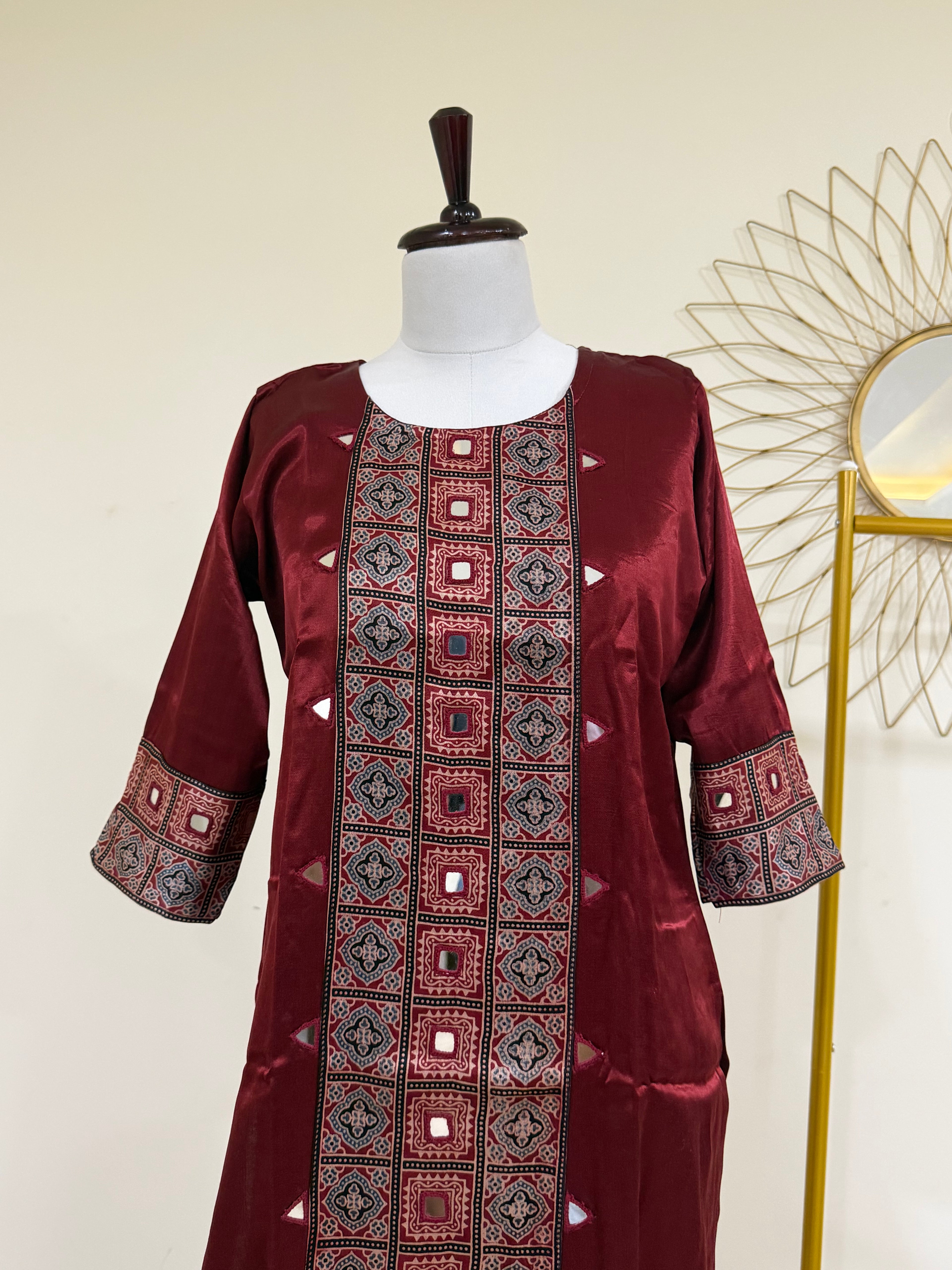 Rust Kurti with Ajrakh Patchwork & Mirror Detail