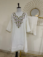 White Mul Cotton Co-ord Set with Floral Thread Work