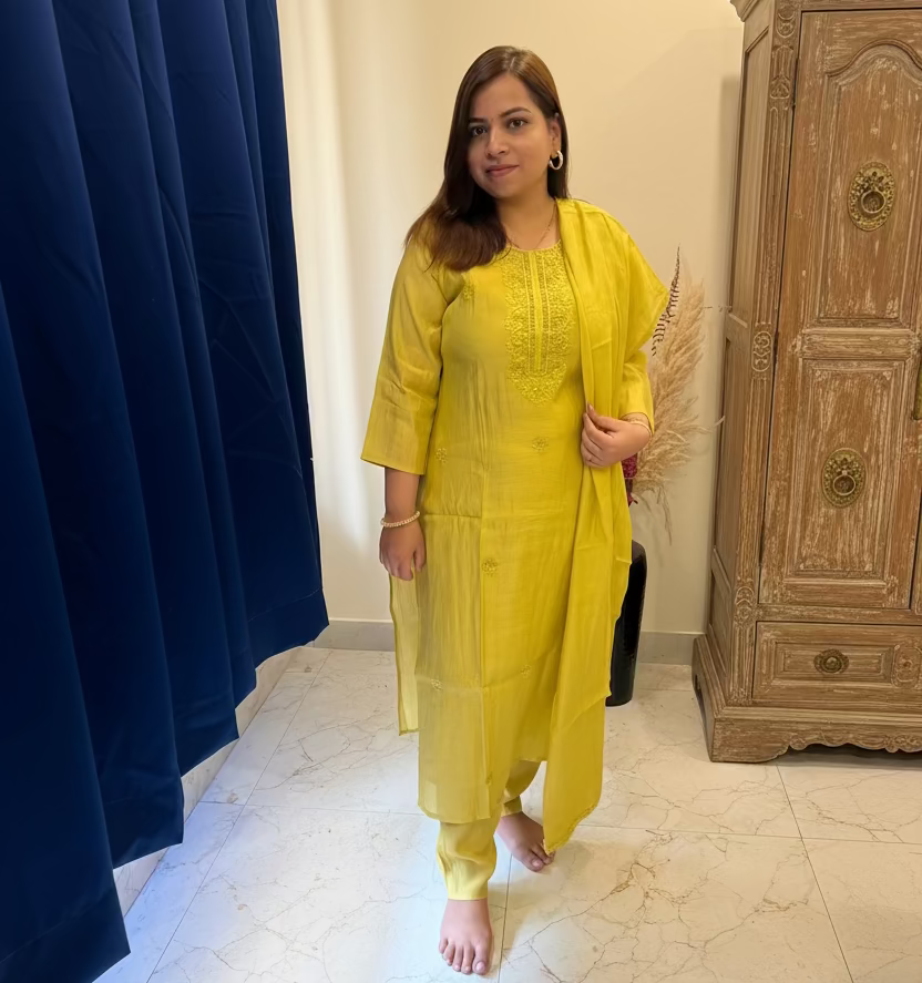 Lemon Green Embroidered 3-Piece Suit Set with All-Over Motifs