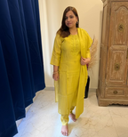Lemon Green Embroidered 3-Piece Suit Set with All-Over Motifs
