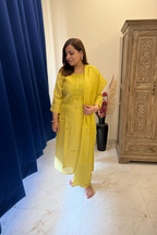 Lemon Green Embroidered 3-Piece Suit Set with All-Over Motifs