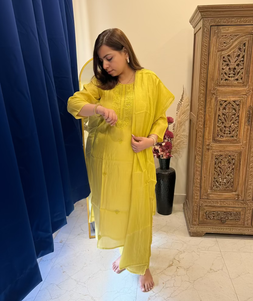 Lemon Green Embroidered 3-Piece Suit Set with All-Over Motifs