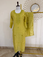 Lemon Green Embroidered 3-Piece Suit Set with All-Over Motifs
