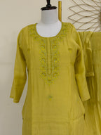 Lemon Green Embroidered 3-Piece Suit Set with All-Over Motifs