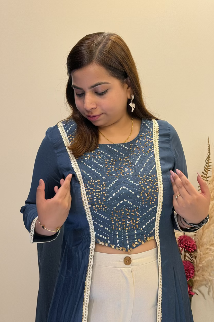 Navy Blue & White Ethnic Fusion Set with Shimmering Sequin Work