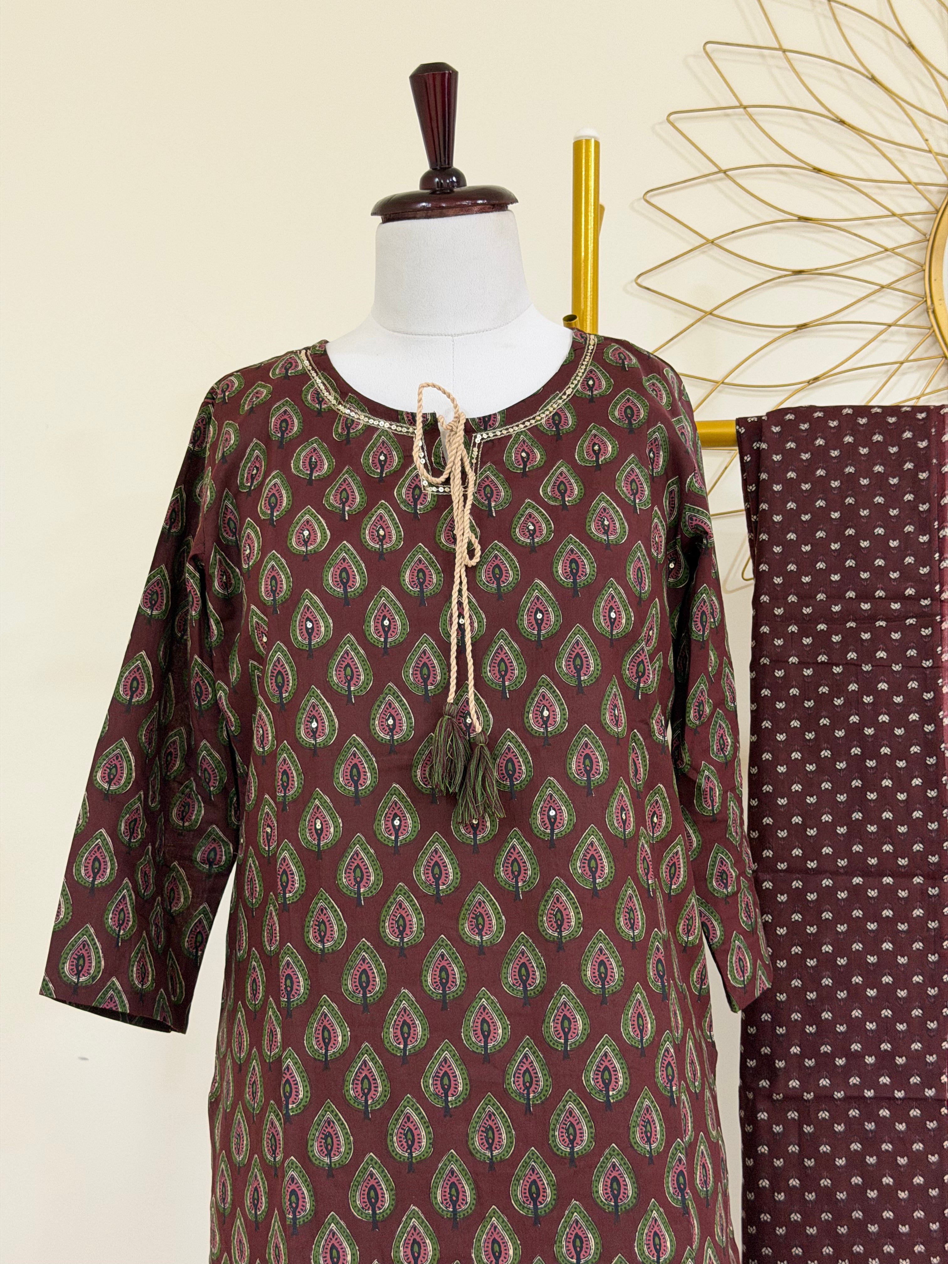 Deep Maroon Cotton 3-Piece Everyday Wear Suit Set