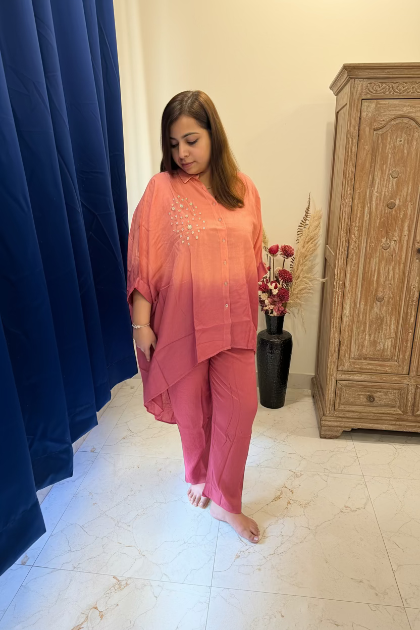 Peach & Rust Ombre Embroidered Co-ord Set with Pearl Work