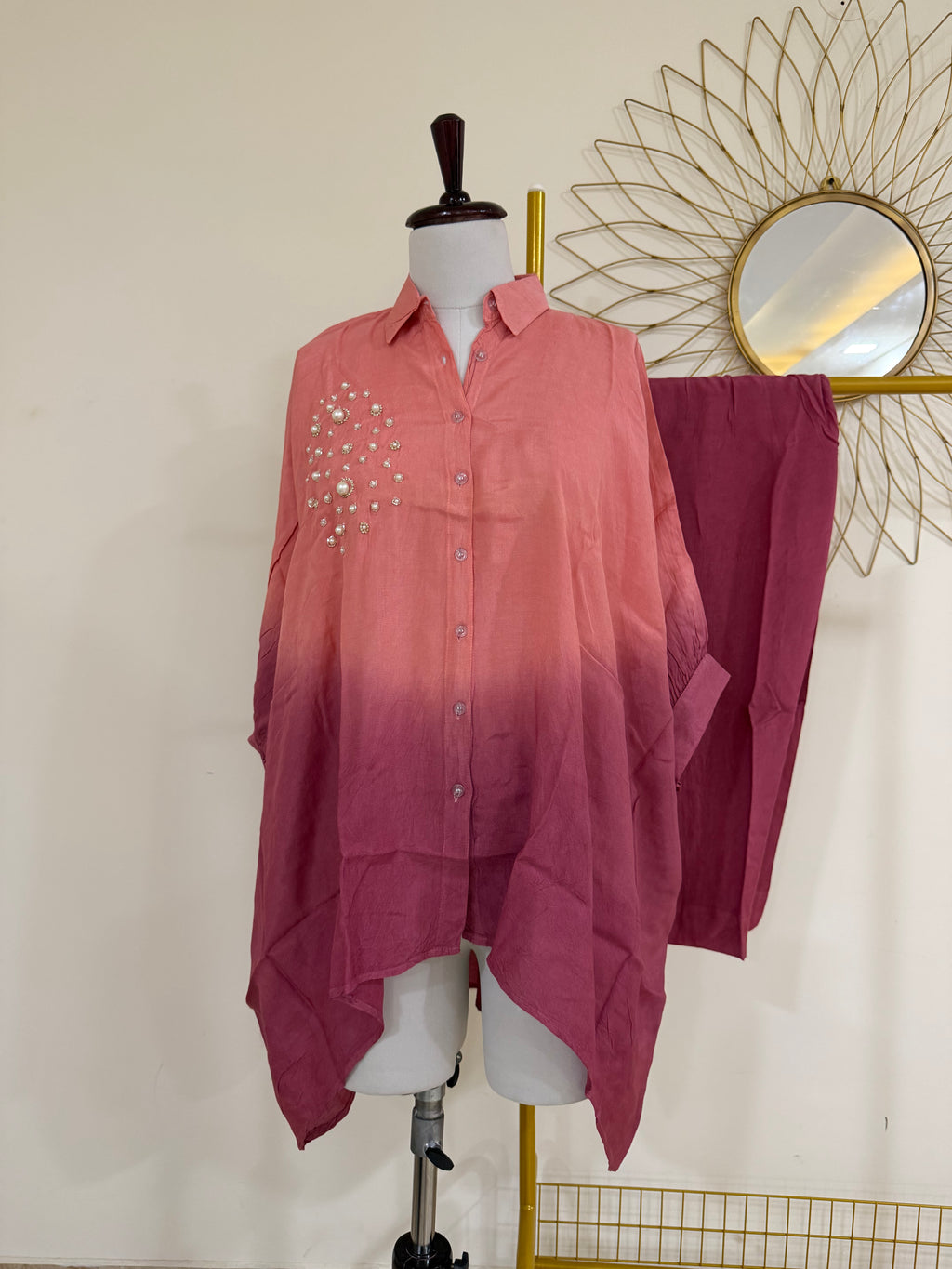 Peach & Rust Ombre Embroidered Co-ord Set with Pearl Work