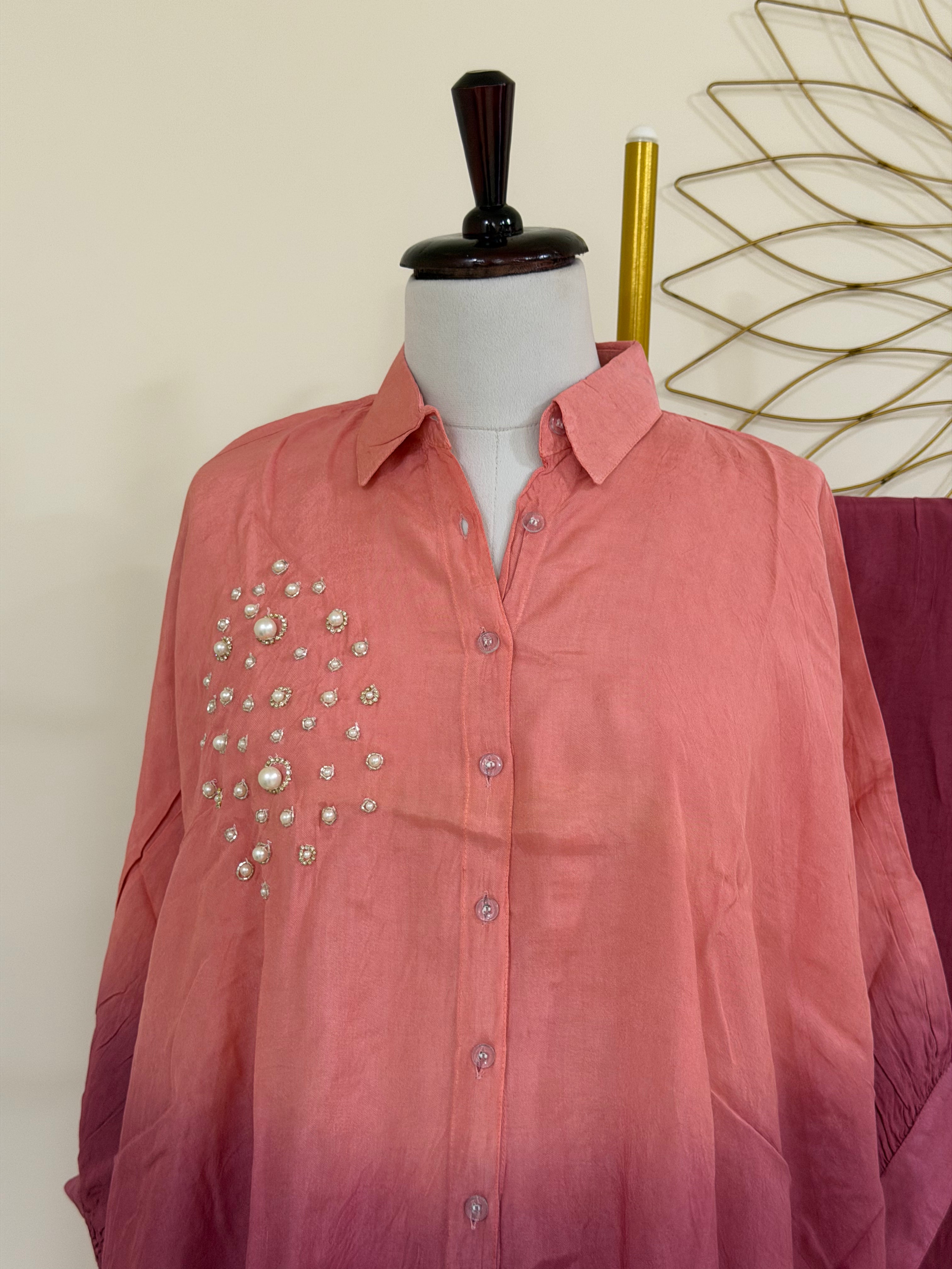 Peach & Rust Ombre Embroidered Co-ord Set with Pearl Work