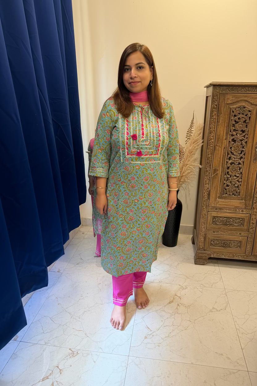 A woman stands indoors wearing a light green printed kurta with pink and orange embroidery and bright pink pants, posed in front of a mirror in a bedroom-like space with a bed, curtains, and tiled floor.