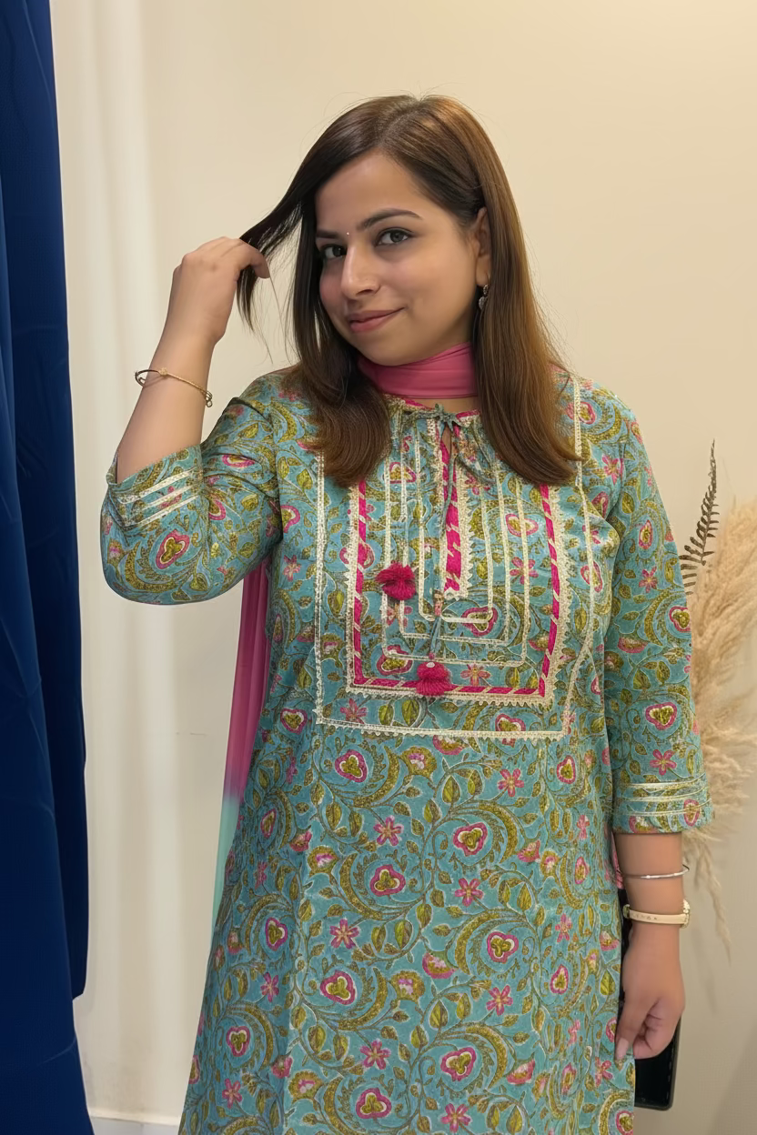 Sea Green & Pink Floral Cotton 3-Piece Suit Set with Gota Patti Work