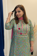 Sea Green & Pink Floral Cotton 3-Piece Suit Set with Gota Patti Work