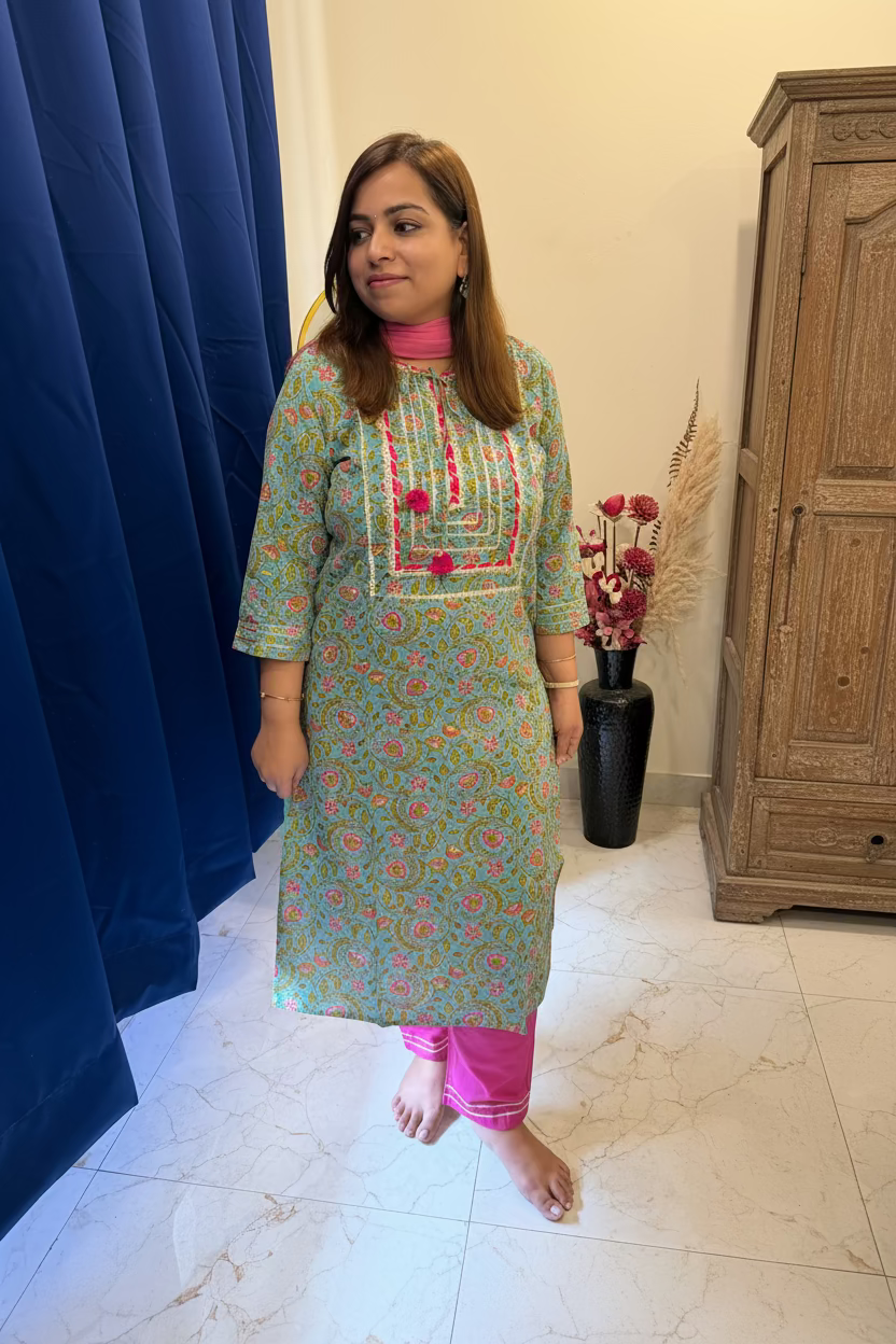 Sea Green & Pink Floral Cotton 3-Piece Suit Set with Gota Patti Work