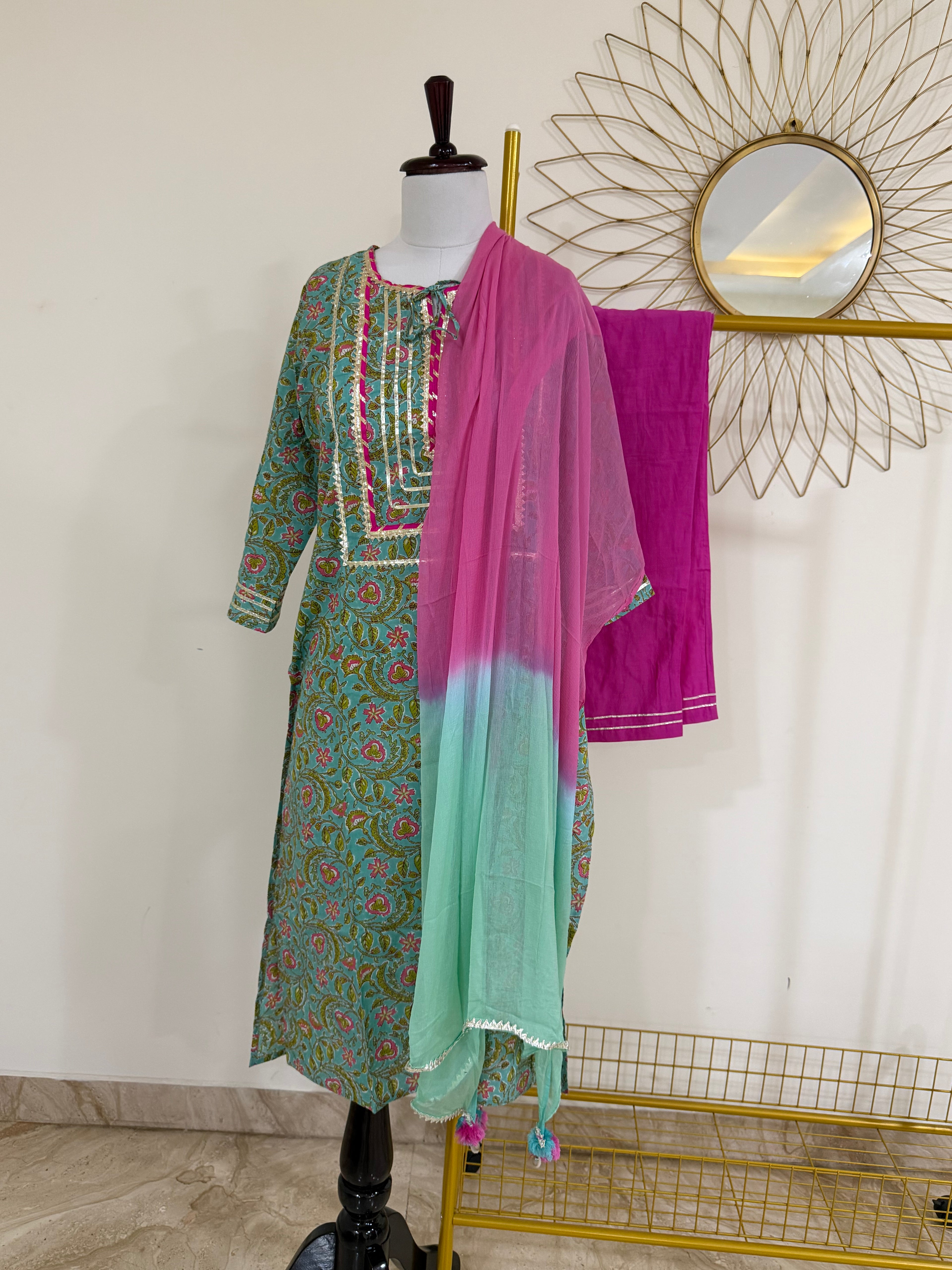 Sea Green & Pink Floral Cotton 3-Piece Suit Set with Gota Patti Work