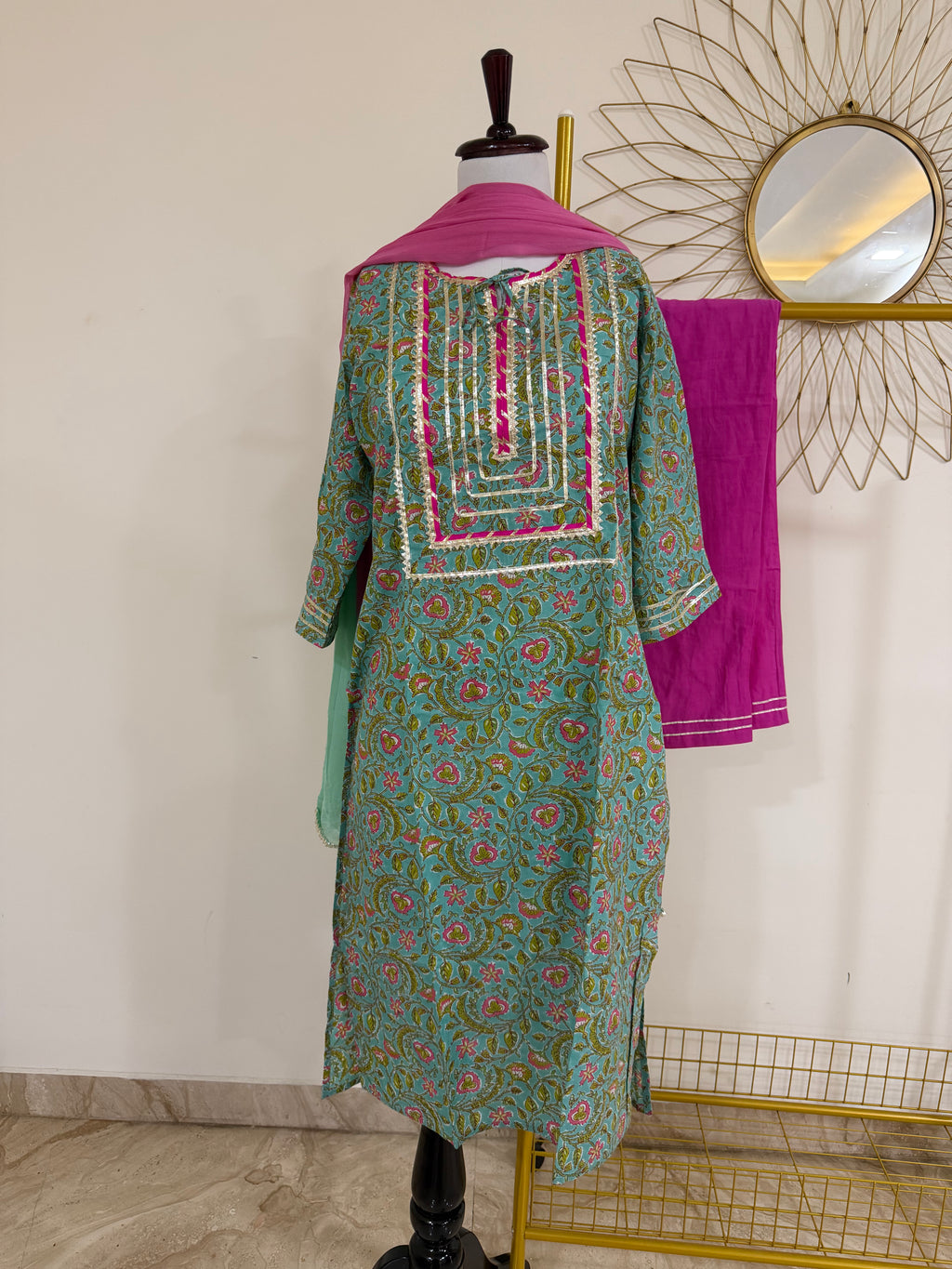 Sea Green & Pink Floral Cotton 3-Piece Suit Set with Gota Patti Work