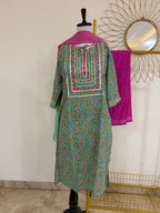 Sea Green & Pink Floral Cotton 3-Piece Suit Set with Gota Patti Work