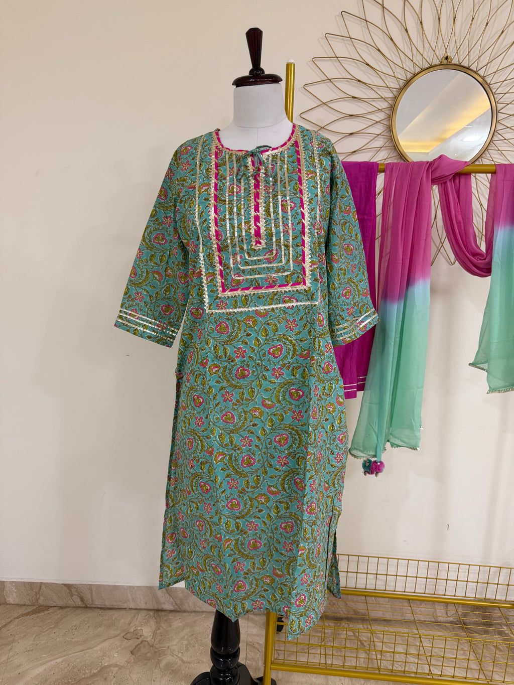 Sea Green & Pink Floral Cotton 3-Piece Suit Set with Gota Patti Work