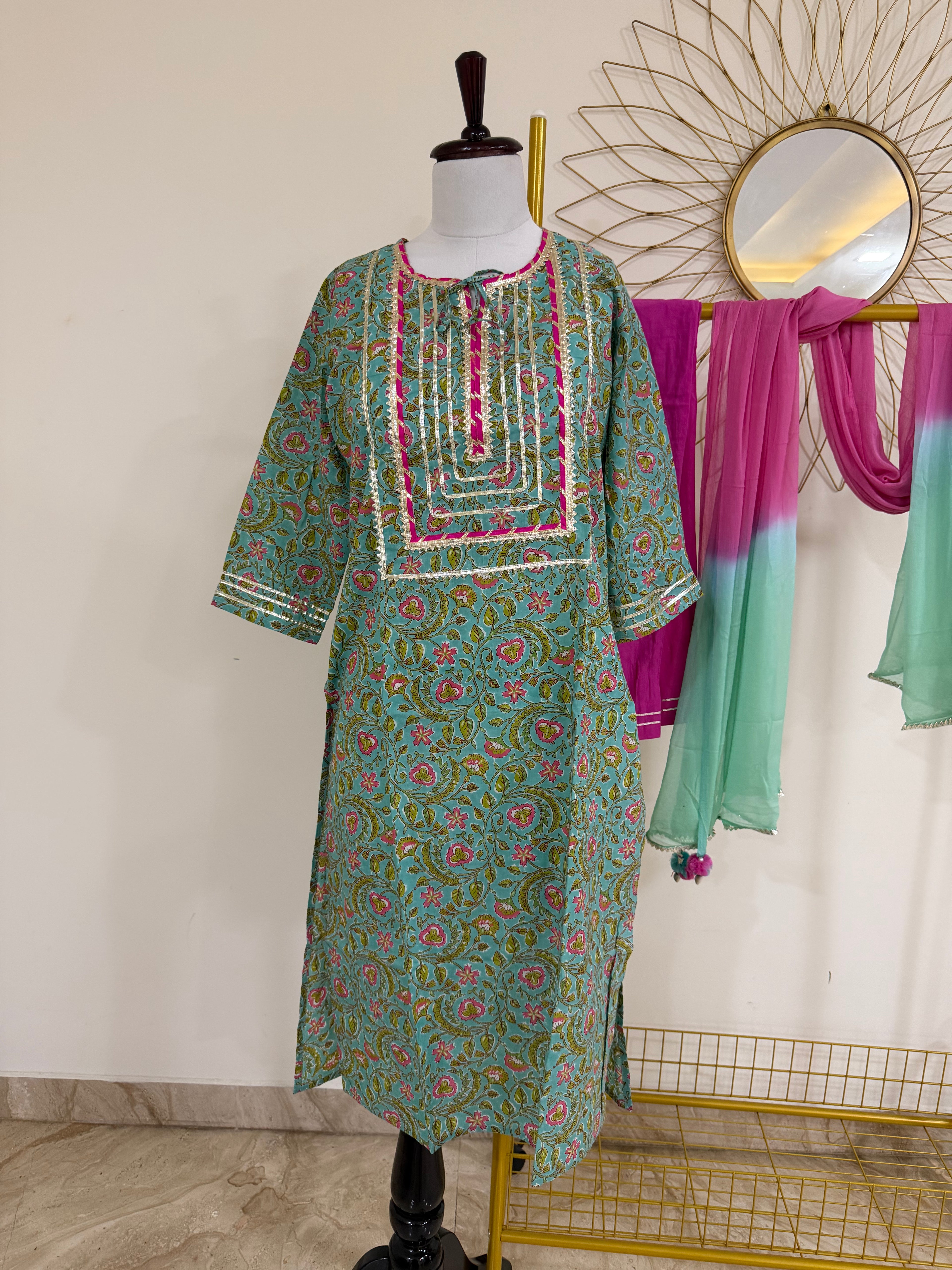 Sea Green & Pink Floral Cotton 3-Piece Suit Set with Gota Patti Work