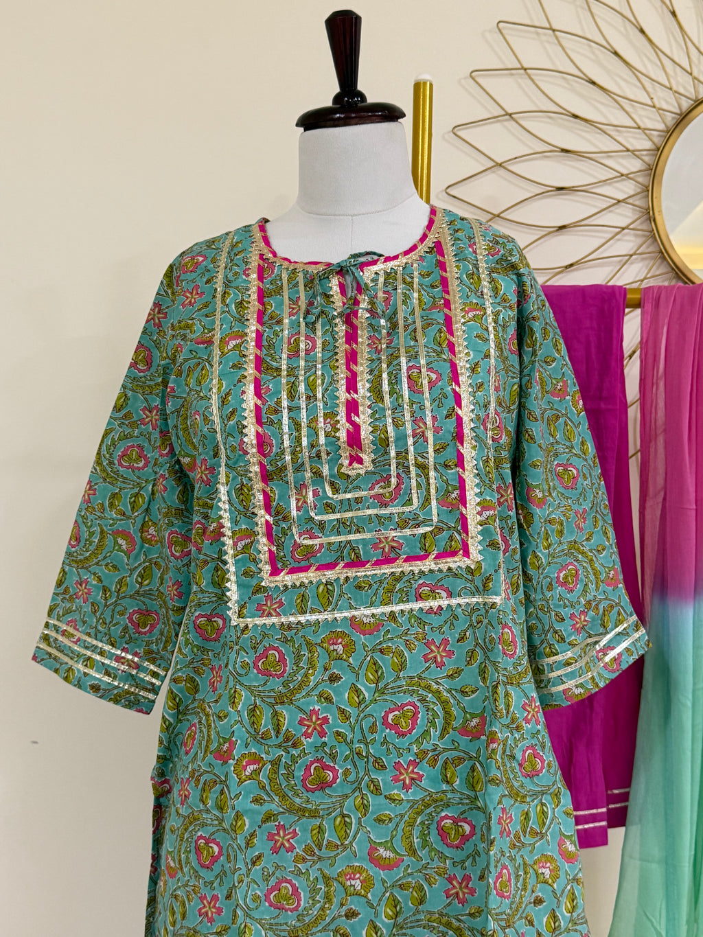 Sea Green & Pink Floral Cotton 3-Piece Suit Set with Gota Patti Work