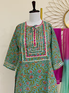 Sea Green & Pink Floral Cotton 3-Piece Suit Set with Gota Patti Work