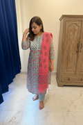 Pastel Blue & Pink Cotton 3-Piece Suit Set with Kota Block Print Dupatta