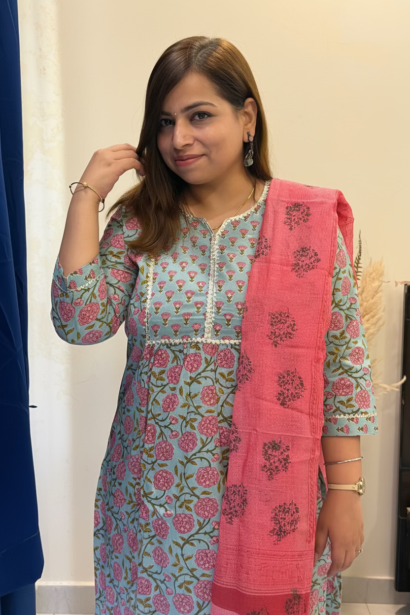 Pastel Blue & Pink Cotton 3-Piece Suit Set with Kota Block Print Dupatta