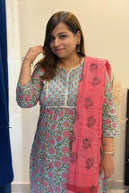 Pastel Blue & Pink Cotton 3-Piece Suit Set with Kota Block Print Dupatta