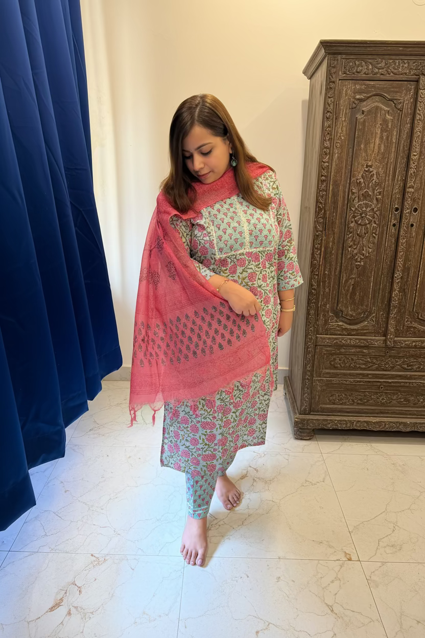Pastel Blue & Pink Cotton 3-Piece Suit Set with Kota Block Print Dupatta