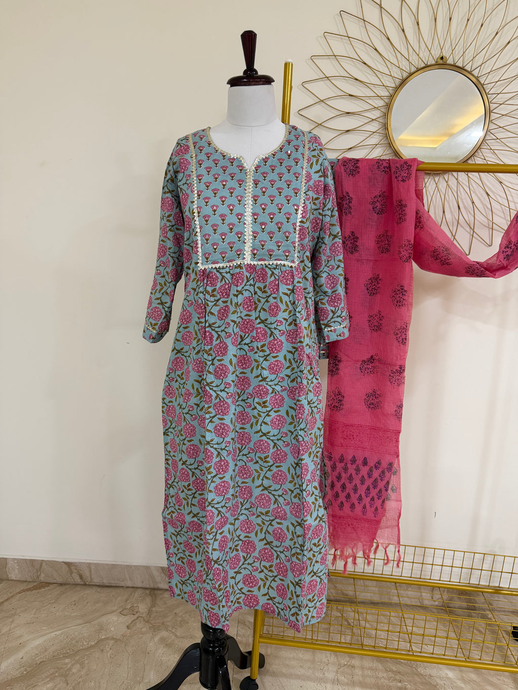 Pastel Blue & Pink Cotton 3-Piece Suit Set with Kota Block Print Dupatta