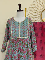 Pastel Blue & Pink Cotton 3-Piece Suit Set with Kota Block Print Dupatta