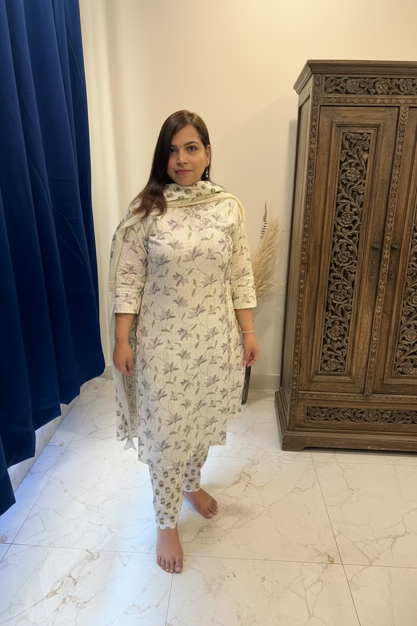 White & Purple Angrakha Cotton 3-Piece Suit Set