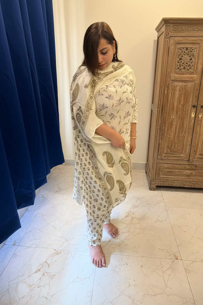 White & Purple Angrakha Cotton 3-Piece Suit Set