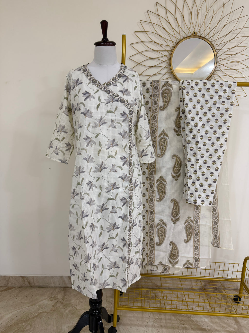 White & Purple Angrakha Cotton 3-Piece Suit Set