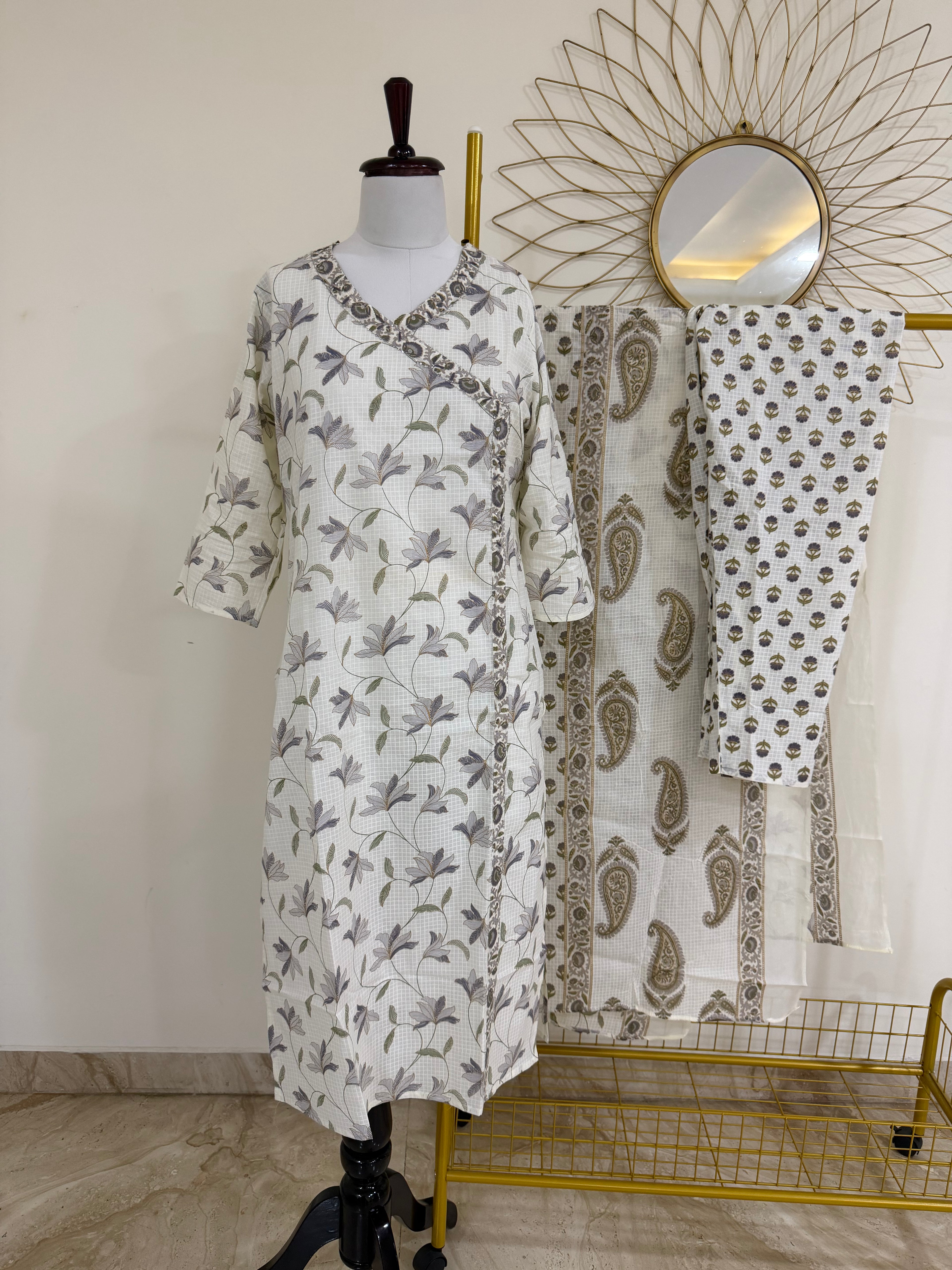 White & Purple Angrakha Cotton 3-Piece Suit Set