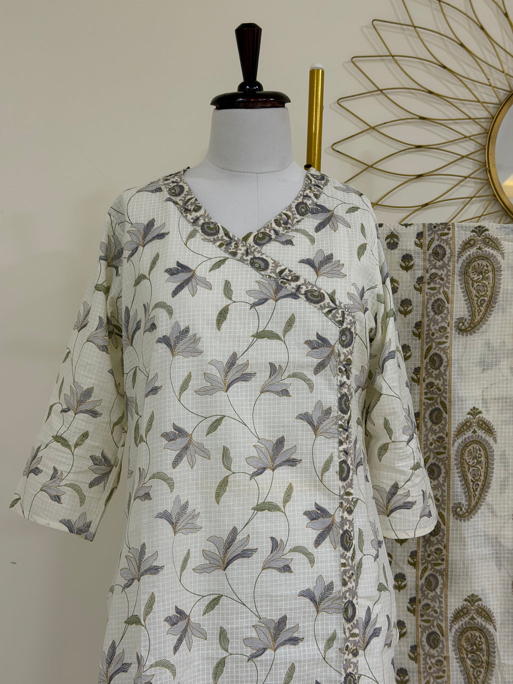 White & Purple Angrakha Cotton 3-Piece Suit Set