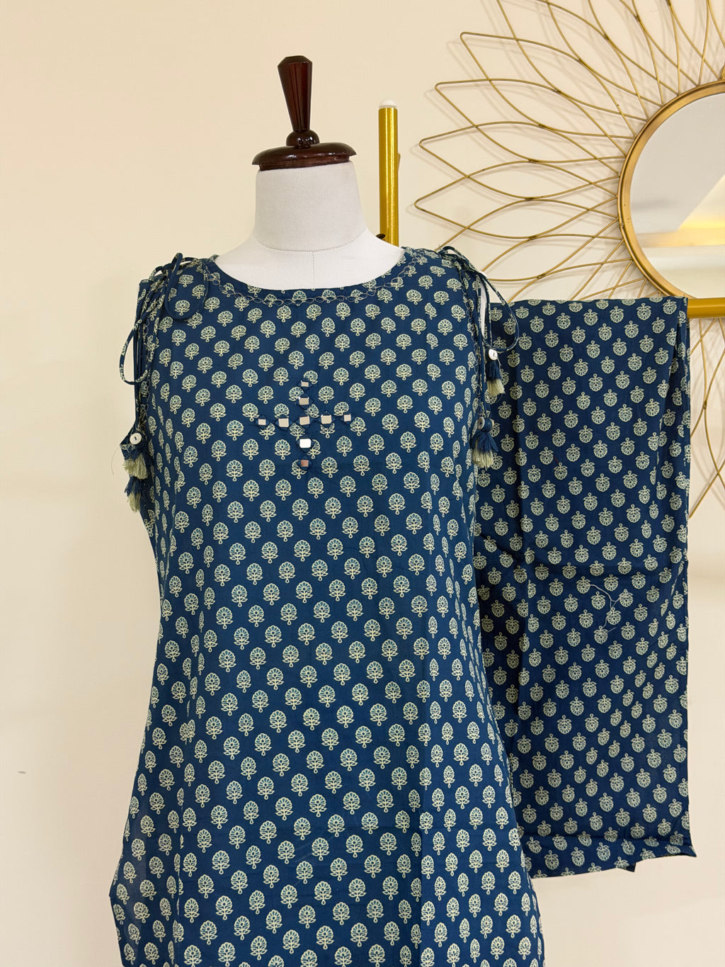 Blue Cotton Sleeveless Kurta Set with Shoulder Tie-Ups