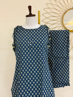 Blue Cotton Sleeveless Kurta Set with Shoulder Tie-Ups