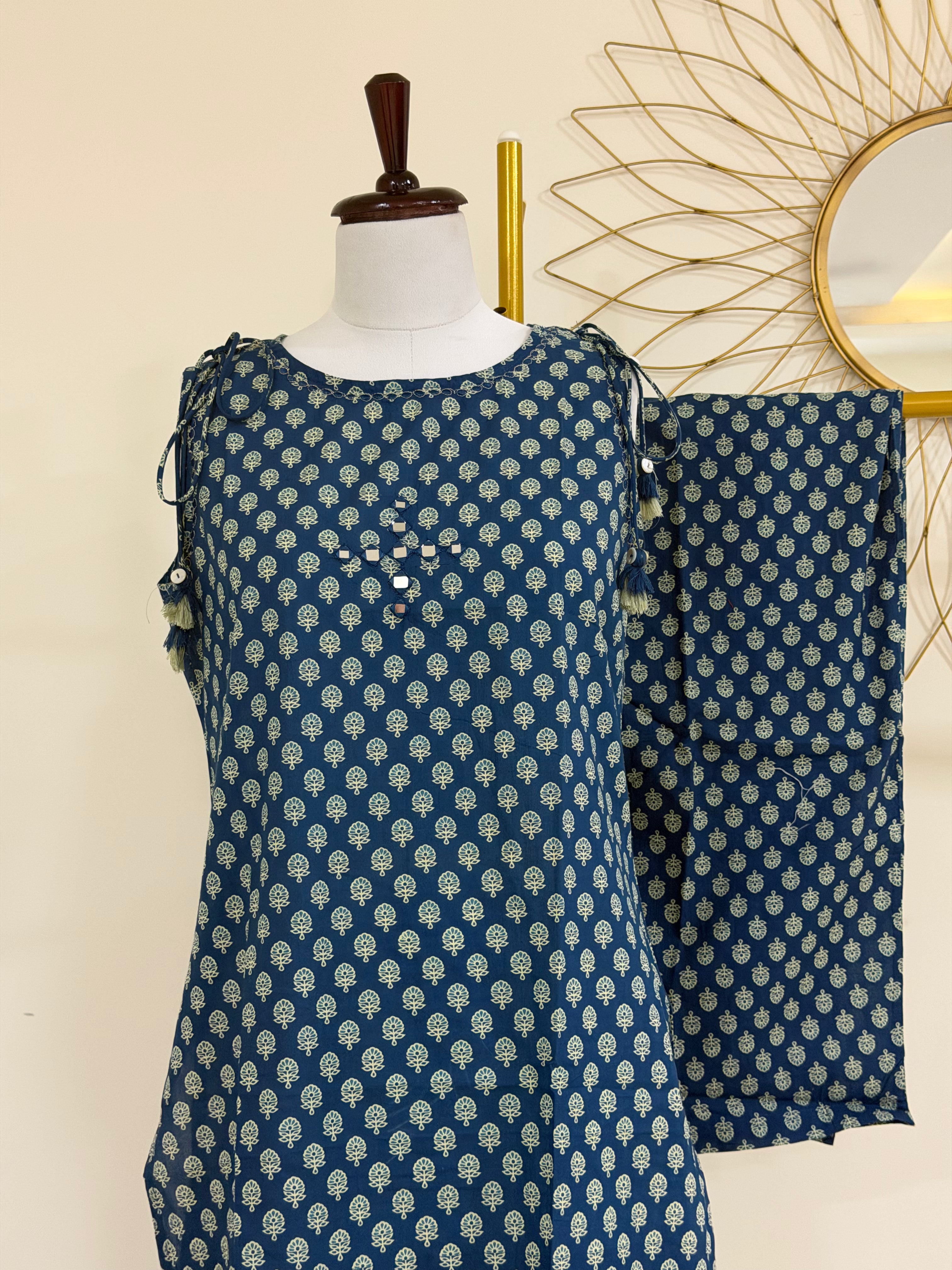 Blue Cotton Sleeveless Kurta Set with Shoulder Tie-Ups