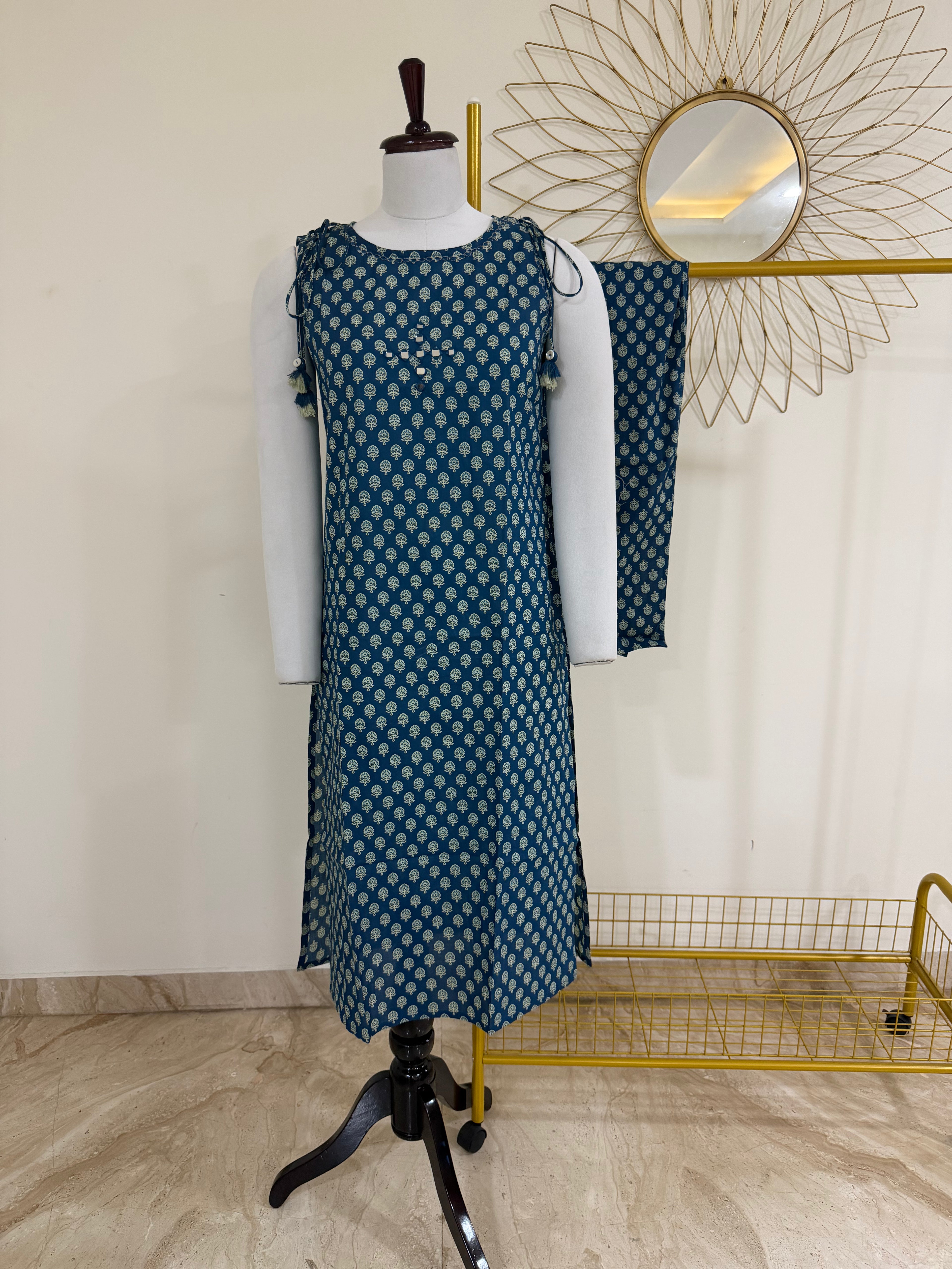 Blue Cotton Sleeveless Kurta Set with Shoulder Tie-Ups