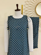 Blue Cotton Sleeveless Kurta Set with Shoulder Tie-Ups