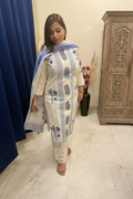 White & Purple Block Print Cotton 3-Piece Suit Set