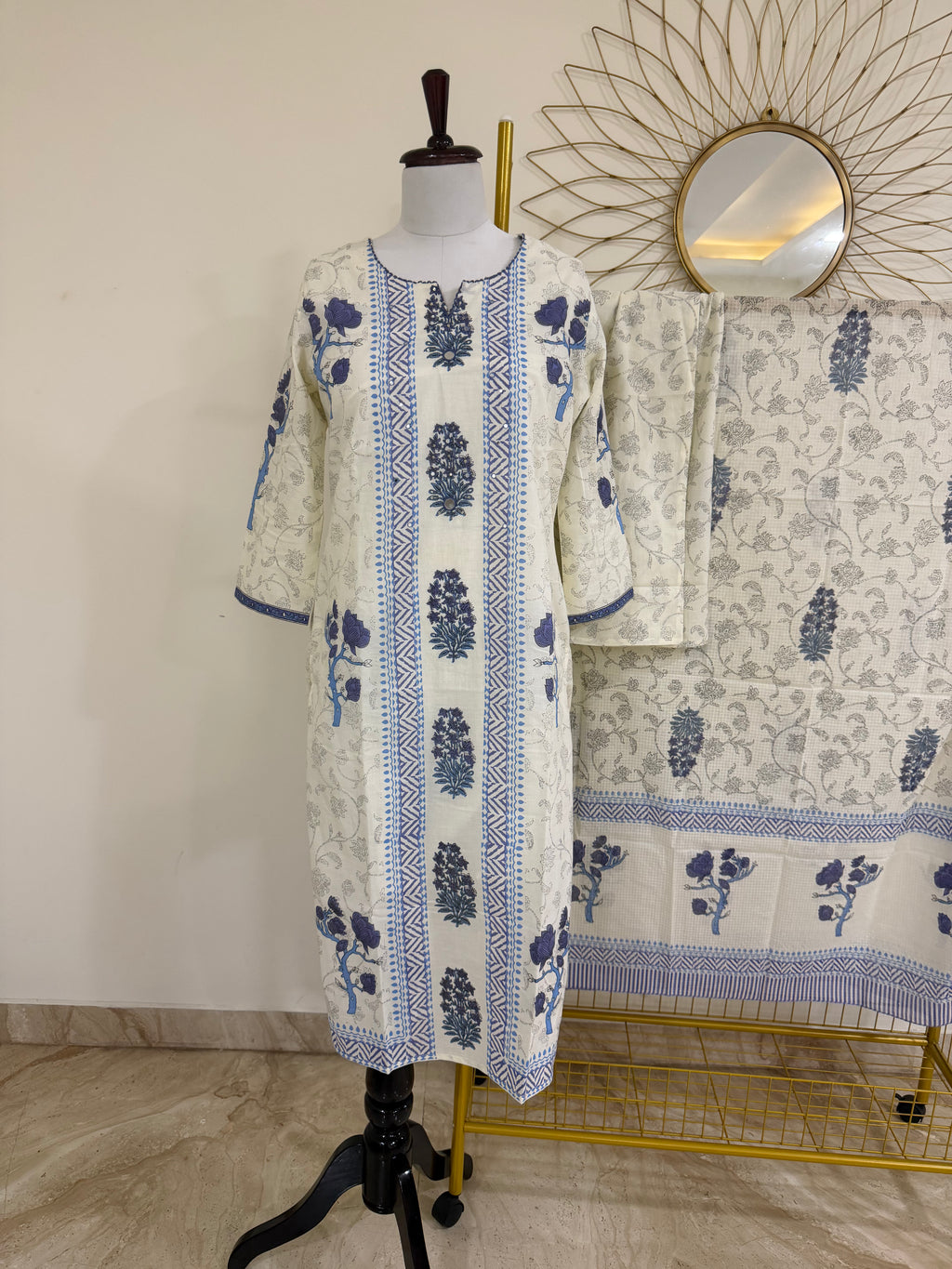 White & Purple Block Print Cotton 3-Piece Suit Set
