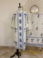 White & Purple Block Print Cotton 3-Piece Suit Set