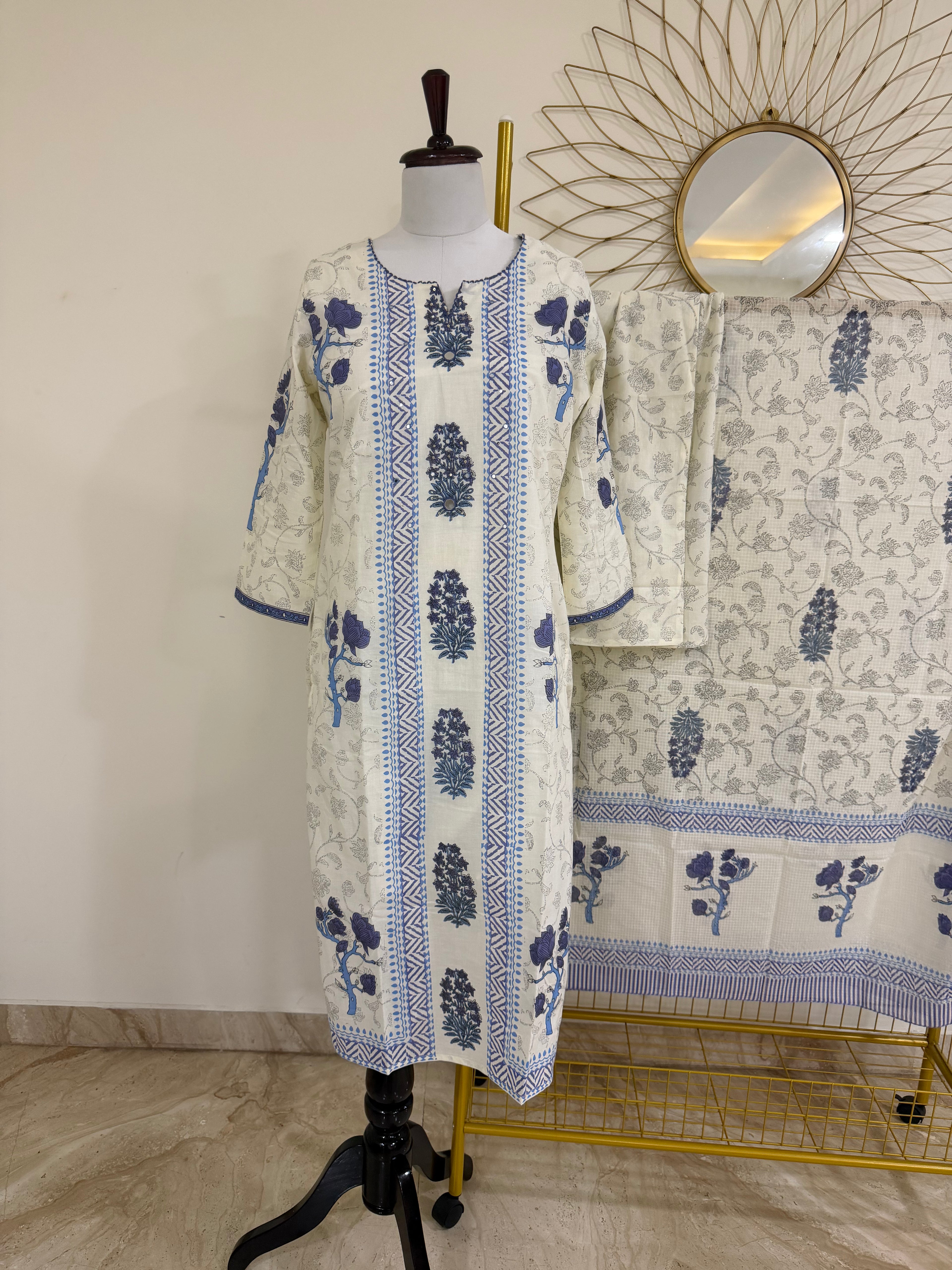 White & Purple Block Print Cotton 3-Piece Suit Set