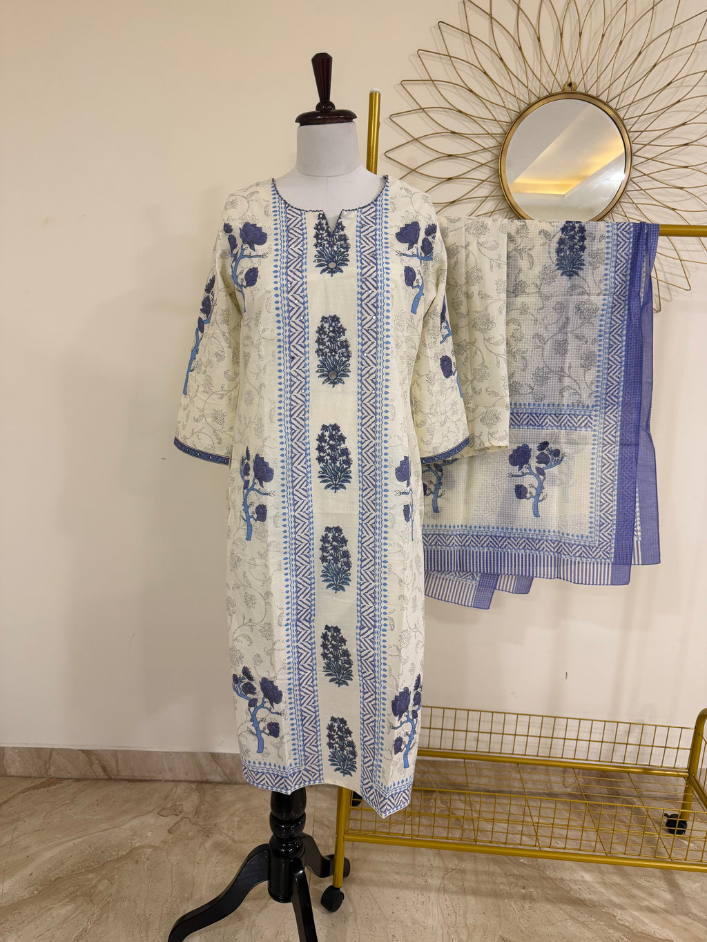 White & Purple Block Print Cotton 3-Piece Suit Set