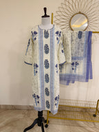 White & Purple Block Print Cotton 3-Piece Suit Set