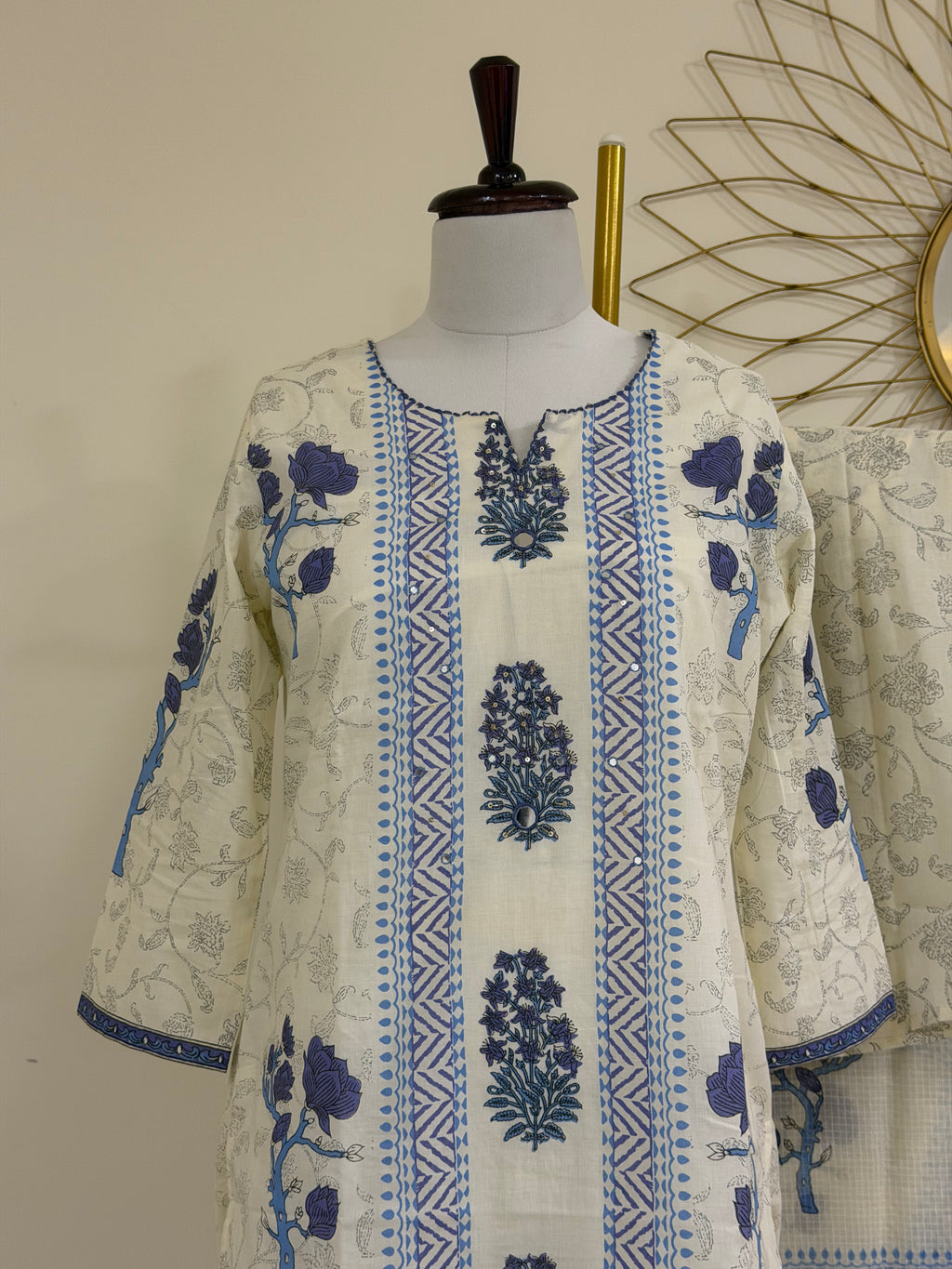 White & Purple Block Print Cotton 3-Piece Suit Set