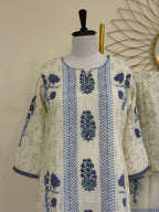 White & Purple Block Print Cotton 3-Piece Suit Set